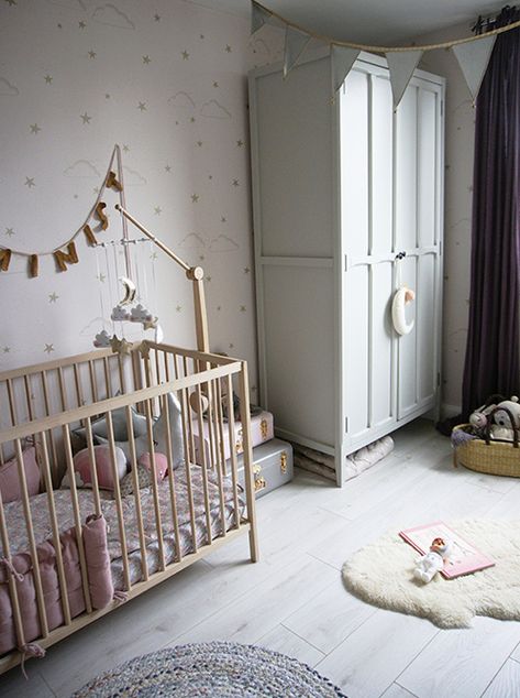 Ikea cot and vintage style wardrobe Ikea Cot, Ikea Crib, Baby Nurseries, Whimsical Nursery, Cot Mobile, Baby Pregnancy, Travel Cot, Beautiful Nursery, Baby Cot