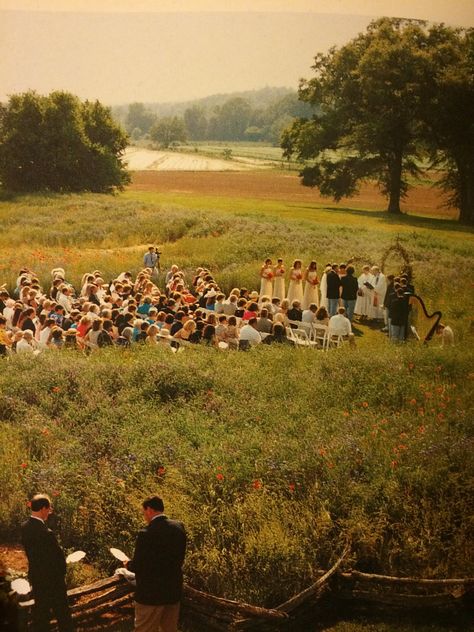 Married In A Field, Homey Outdoor Wedding, Field Party Wedding, Family Oriented Wedding, Summer Field Wedding, Field Wedding Aisle, Casual Wedding Bridesmaids Dresses, Weddings In Historic Buildings, Wedding In A Flower Field