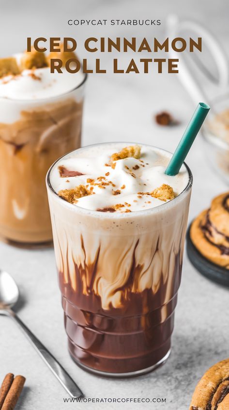 Taste: Sweet cinnamon with creamy coffee flavors.
Ingredients: Espresso, cinnamon dolce syrup, vanilla syrup, milk, and ice. Espresso Recipes Drinks, Flavored Latte Recipes, Cinnamon Roll Latte, Starbucks Iced Coffee Drinks, Starbucks Flavors, Cinnamon Dolce Syrup, Coffee Flavors, Drinks To Try, Iced Coffee Drinks