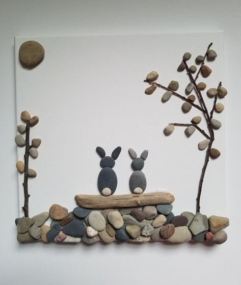 Hoppy Bunnies Pebble Art Home Decor | MakerPlace by Michaels Bunny Pebble Art, Animal Pebble Art, Pebble People, Stone Pictures Pebble Art, Seashell Beach, Handmade Wall Decor, Rock Ideas, Stone Pictures, Pet Rabbit