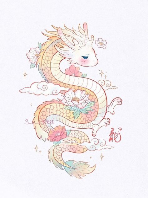 Cute Dragon Stickers, Kawaii Dragon Tattoo, Cute Dragon Doodle, Cute Dragon Drawing Kawaii, Cute Animal Chibi, Cute Dragon Illustration, Chibi Tattoo, Dragon Drawing Sketches, Cute Chinese Dragon