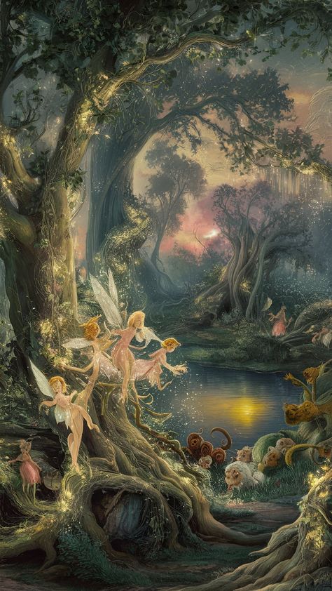 Dive into a magical woodland wallpaper where fairies twirl amongst ancient trees and glowing flora. This dreamlike scene, reminiscent of Impressionist art, captures the shimmering essence of fireflies and the intricate beauty of Art Nouveau. A serene pond mirrors a vibrant sunset, while playful creatures add curiosity. Explore this enchanting landscape and let your imagination soar! #whimsicalart #fairywonderland #impressionist #artnouveau Enchanted Dance Scene, In A Garden Burning Gold, Fairy Phone Background, Fairytale Wallpaper Aesthetic, Fee Wallpaper, Young And Beautiful Aesthetic, Firefly Aesthetic, Pixie Fairy Aesthetic, Midsummer Aesthetic