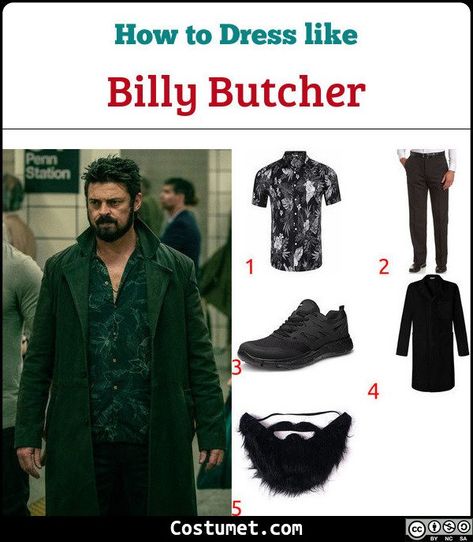 Billy Butcher costume is a black floral button-down shirt, black pants, and a black coat. All that black can’t hide the fact that he can take you down.           #TheBoys #male #tv #comics #TheBoys Billy Butcher Costume, Billy Butcher Outfit, Billy Butcher Aesthetic, Butcher Outfit, Male Halloween Costume Ideas, The Boys Costume, Male Costume Ideas, Butcher Costume, The Boys Cosplay