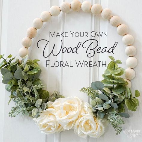 Making Your Own Wood Bead Floral Wreath is a lot easier than you might think! After doing some research, I quickly found there are three main ways to make these fun wreaths: stringing wood beads onto a metal hoop form, gluing round or halved wood beads to a metal hoop form, or gluing half wood beads to a flat, wood wreath ring form. The flat ring form seemed like the best option for me. Let’s see how I did it! Where do you plan to hang your Wood Bead Floral Wreath once you’re done!? Wooden Bead Wreath, Bead Wreath, Koti Diy, Wood Beads Diy, Wreath Ring, Round Signs, Ball Wreath, Easy Diy Wreaths, Fun Wreath