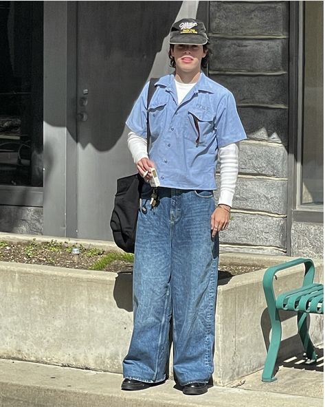 Retro Men Outfit 80s, Layers Clothes Aesthetic, Outfit Inspo Masculine, Light Blue Outfit Men, Streetwear Inspo Men, Outfits Light Blue Jeans, Light Blue Jeans Outfit Men, Longsleeves Outfit Men, Male Urban Fashion