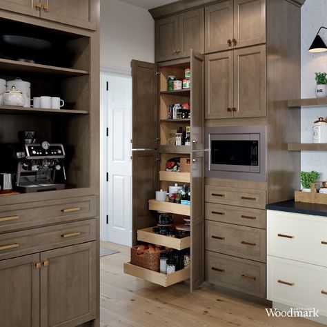 A space that's beautiful and functional... yes please! We have a lot of organizational items to bring out the best in any space! 🤩 Featured Cabinetry: Adelaide Maple Latte, Painted Vanilla & Painted Black #americanwoodmark #remodel #preparation #kitchen #cabinets #homeimprovements #organization #storage #homeinspo Latte Cabinets Kitchen, Maple Latte Kitchen Cabinets, Maple Latte Cabinets, Woodmark Cabinets, American Woodmark Cabinets, Colonial Renovation, Maple Latte, Cabinetry Kitchen, Wine Storage Cabinets