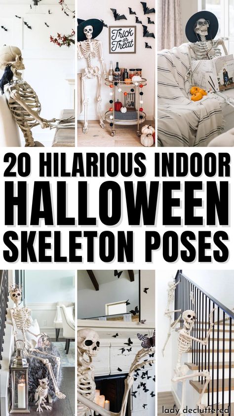 20 Hilarious Indoor Halloween Skeleton Poses Poseable Skeleton Ideas Inside, Skeleton Office Decorations, Posable Skeleton Ideas Inside, How To Decorate A Skeleton For Halloween, Skeleton Fireplace Decor, Skeleton Office Decor, Skeleton Staging Ideas, Indoor Skeleton Decor, Decorating Skeletons For Halloween