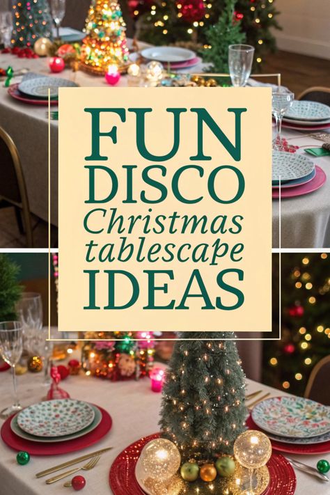 🪩 Bring the party to your table with a disco Christmas tablescape! 🎄 Incorporate disco balls, glittering décor, and vibrant colors. 🎉 Use metallic accents, bold patterns, and funky accessories. ✨ Create a festive and energetic atmosphere that gets everyone dancing! 🕺 Mid Century Christmas Table Decor, Disco Christmas Decorations, Disco Ball Table Decor, Retro Tablescape, Table Setting Aesthetic, Disco Christmas Party, Christmas Buffet Table, Fancy Holiday Party, Disco Christmas