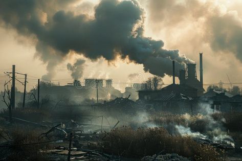 Industrial pollution over village at dusk stock photo Industrial Pollution, Eco Project, Vector People, Small Village, Air Pollution, Ecology, Pollution, Photo Image, Stock Photos