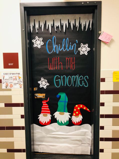 Wanted to make my door festive but not cekebrate any one holiday. So obviously gnomes were needed!! Gnome Door Decorating Contest, Classroom Door Decorating Ideas, Work Door Decorations Christmas, Teacher Christmas Door Decorations, Gnome Holiday Door, Christmas Door Ideas For Work Office, Christmas Gnome Door Decoration School, Christmas Door Decorating Ideas For Work, Christmas Door With Window Decorating Contest