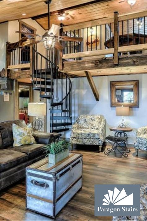 The Perfect Affordable Spiral Stair For A Cabin In The Woods From Paragon Stairs Barn House Kits, Barndominium Interior, House Loft, Cabin Interiors, Barn Style House, A Frame House, Design Del Prodotto, Traditional Living Room, Cabin Homes