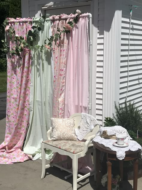 Bridal Tea Party Photo Booth, Tea Party Themed Backdrop, Mother’s Day Theme Decorations, Tea Party Room Decor, Inside Tea Party Ideas, Tea Party Photo Booth Backdrops, Diy Tea Party Backdrop, Vintage Tea Party Photo Backdrop, Grad Party Tea Party