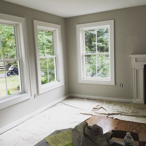 Living room Ben Moore Rodeo Rodeo Benjamin Moore, Benjamin Moore Rodeo, Blue Dining Room Paint, Soft Blue Paint Colors, Living Room Ideas Paint, Farmhouse Paint Palette, Entry Stairway, Grey Paint Living Room, Warm Grey Paint Colors