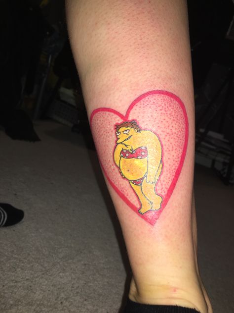 my bloody barney 💖  “think unsexy thoughts, think unsexy thoughts”  #simpsons #simpsonstattoo #cartoontattoo #colourtattoo Barney Tattoo, Suit Up Barney, 90s Couples, Simpsons Tattoo, The Simpson, Cartoon Tattoos, Suit Up, Couple Tattoos, Color Tattoo