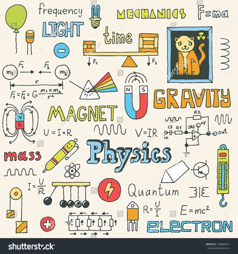 Physics. Hand drawn. Vector illustration. #Ad , #Sponsored, #Hand#Physics#drawn#illustration Physics Poster, Science Drawing, Physics Projects, Physics Lab, Science Doodles, Physics Formulas, School Book Covers, Physics Notes, Science Stickers