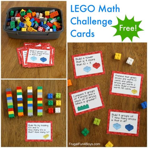 LEGO Math Printable Challenge Cards – Frugal Fun For Boys and Girls Counting Coins Activities, Lego Math, Math Night, Subtraction Games, Lego Challenge, Lego Education, Lego Activities, Math Challenge, Math Printables