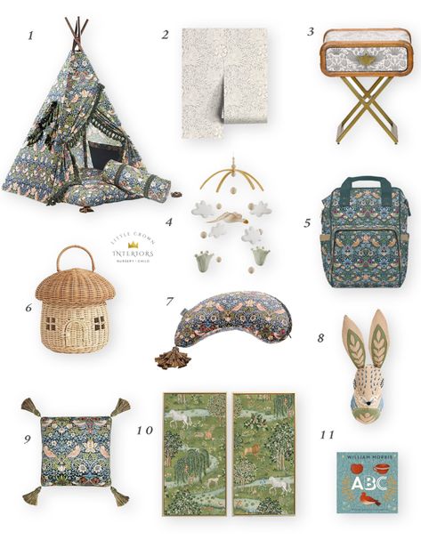 Botanical Morris & Co Inspired Nursery Decor - Little Crown Interiors William Morris Nursery, Camping Theme Bedroom, Bunny Wall Decor, Wall Ledge, Nursery Interior Design, Nursery Interior, The Strawberry Thief, Theme Bedroom, Nursery Trends