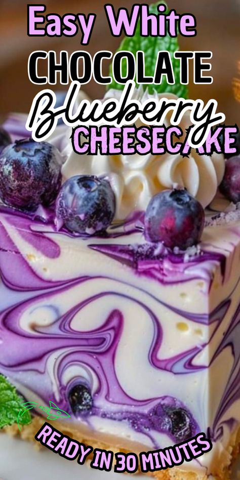 White Chocolate Blueberry Cheesecake Brandy Alexander Cheesecake, Best Blueberry Cheesecake Recipe, Gothic Blueberry Cheesecake, Blueberry White Chocolate Cheesecake, Cheesecake Factory Copycat Recipes Cheesecake, Things To Make With Blueberries, Blueberry Cheesecake Recipes, Cheesecake Beautiful, No Bake White Chocolate Cheesecake