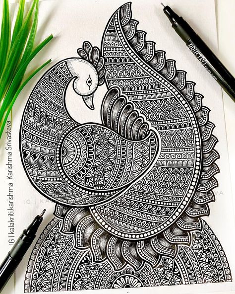 Karishma Srivastava | Mandala on Instagram: “🦚 Here’s another attempt to illustrate one of the most beautiful and majestic creatures known to mankind, Peacock. Swipe to see some of the…” Mandala Peacock Design, Karishma Srivastava, Kalakriti Karishma, Madhubani Peacock, Thumb Painting, Mandala Peacock, Coloring Canvas, Peacock Drawing, Drawing Mandala