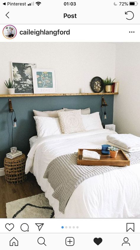 Love the green with the oak shelf running all the way round | Ideias de decoração apartamento, Decoração quarto e sala, Idéias de decoração casa Small Guest Bedroom, Dekorasi Kamar Tidur, Small Bedroom Decor, Redecorate Bedroom, Tiny Bedroom, Decor Minimalist, Room Ideas Bedroom, Bed Room, Cozy Bedroom