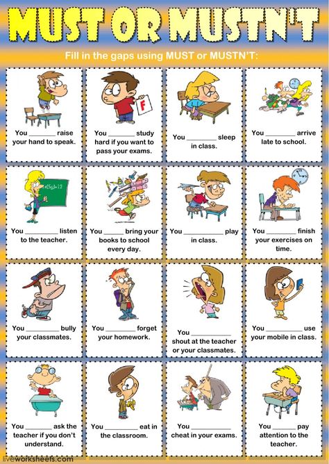 Must or mustn't interactive and downloadable worksheet. You can do the exercises online or download the worksheet as pdf. Must And Mustn't Worksheet, Modal Verbs Worksheets With Answers, Relative Pronouns Worksheet, School Rules Activities, Pronouns Worksheet, Modal Verbs, Relative Clauses, Relative Pronouns, English Teaching Materials