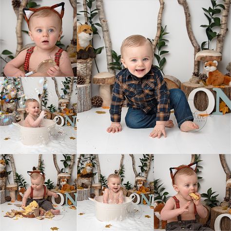 1st Birthday Boy Outfit Ideas, Woodsy Smash Cake, Woodland First Birthday Photo Shoot, Woodlands Cake Smash, Smash Cake Camping Theme, Woodland One Year Old Photoshoot, Outdoor Cake Smash Boy, Woodland Birthday Cake, Cake Smash Theme