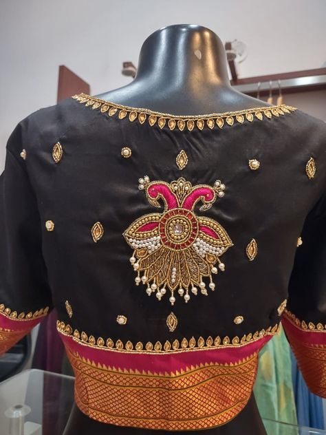 Aari Work On Black Blouse, Paithani Blouse Aari Work Design, Black Blouse Aari Work Design, Black Blouse Work Designs, Paithani Saree Blouse Pattern With Work, Painting Blouse Designs, Black Embroidery Blouse, Basic Blouse Designs, Handwork Blouse