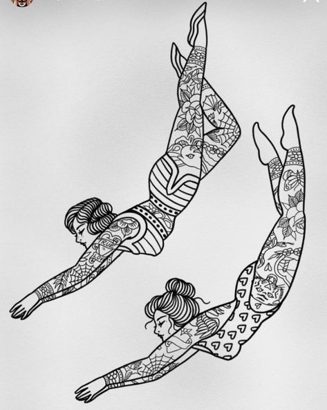 Diver Lady Tattoo, Diving Pinup Tattoo, Pinup Style Tattoo, Traditional Swimmer Tattoo, Vintage Swimmer Tattoo, Diving Lady Tattoo, Diving Woman Tattoo, Woman Swimming Tattoo, Diving Mermaid Tattoo