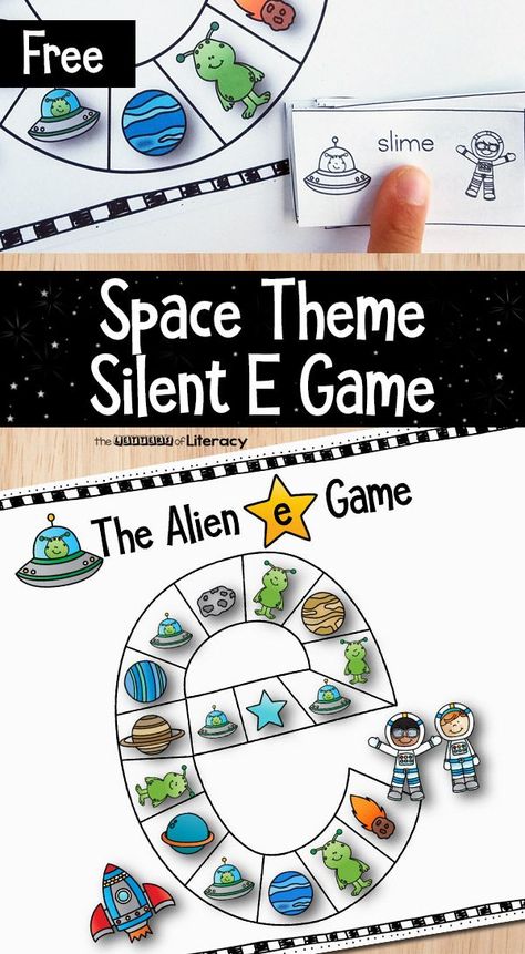 For kids just learning about Silent E long vowels, you can give them some extra practice with this engaging, space themed Silent E game! Space Phonics Activities, Phonogram Games, Magic E Games, Silent E Activities, Alpha Phonics, Space Activities For Kids, Vowel Digraphs, Silent E, Family Literacy