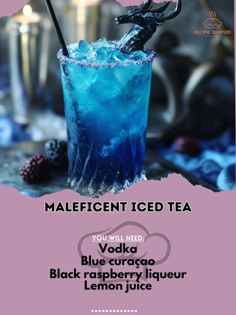 Unleash the dark magic with Maleficent Iced Tea! A wickedly delicious drink perfect for any occasion! 👑✨ #EnchantingSips #DarkVibes Maleficent Iced Tea Ingredients: Vodka (1 oz) Blue curaçao (1/2 oz) Black raspberry liqueur (1/2 oz) Lemon juice (1/2 oz) Simple syrup (1/2 oz) Lemon-lime soda (1 oz) Ice cubes (as needed) Instructions: In a shaker, mix vodka, blue curaçao, black raspberry liqueur, lemon juice, and simple syrup. Shake and pour over ice in a glass. Top with lemon-lime soda and... Svedka Blue Raspberry Drinks, Blue Raspberry Vodka Drinks, Raspberry Vodka Drinks, Blue Curacao Liqueur, Cocktail Recipes At Home, Fruity Alcohol Drinks, Layered Drinks, Halloween Party Drinks, Raspberry Vodka