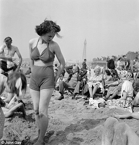 By the seaside: Blackpool beach, pictured in 1949, was a popular holiday resort 1920s Swimsuit, Swim Campaign, Mads Berg, Blackpool Beach, Blackpool Uk, Vintage Swimming, Vintage Seaside, Blackpool Pleasure Beach, British Seaside