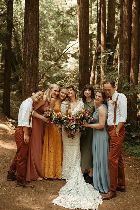 Multi colored bridesmaids, fall colors Wedding Boho Bridesmaids, Woods Wedding Bridal Party, Outdoorsy Bridesmaid Dresses, Earthy Color Bridesmaid Dresses, Bridal Party Multiple Colors, Nontraditional Bridal Party, Boho Bridesmaid Dress Mismatched Summer, Earth Wedding Colors, Color Groomsmen Attire