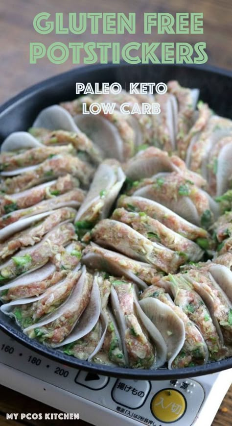 These delicious gluten free potstickers are made the healthy way with daikon radish instead of wrappers. These paleo potstickers are perfect for a low carb or keto diet! | mypcoskitchen.com #paleo #glutenfree #lowcarb #keto #pcos #recipe #appetizer Low Carb Vietnamese Recipes, Keto Wonton Wrappers, Keto Japanese Recipes, Keto Japanese Food, Keto Korean Recipes, Paleo Potstickers, Low Carb Asian Recipes, Japanese Keto, Daikon Radish Recipes