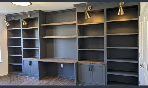 Grey Built In Bookshelves, Built In Library, Lawyer Office Interior, Tranquil House, Texas Office, Built In Around Fireplace, Home Office Furniture Design, Home Office For Man, Office Built Ins