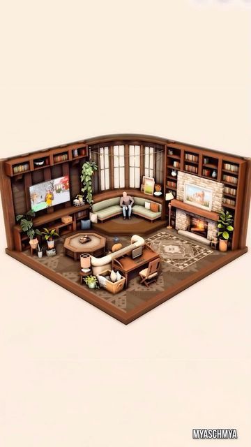 MyaSchmya on Instagram: "Cozy Cabin Living Room with Rounded Lounge (No CC/ No Mods) #sims #sims4 #simsbuild" Sims 4 Lounge Room Ideas, Sims Lounge Ideas, Sims 4 Lounge Ideas, Living Room Designs Sims 4, Sims4 Living Room Ideas No Cc, Living Room Ideas Sims 4, Sims 4 Lounge Room, No Cc Sims 4 Rooms, Sims 4 Farmhouse Living Room