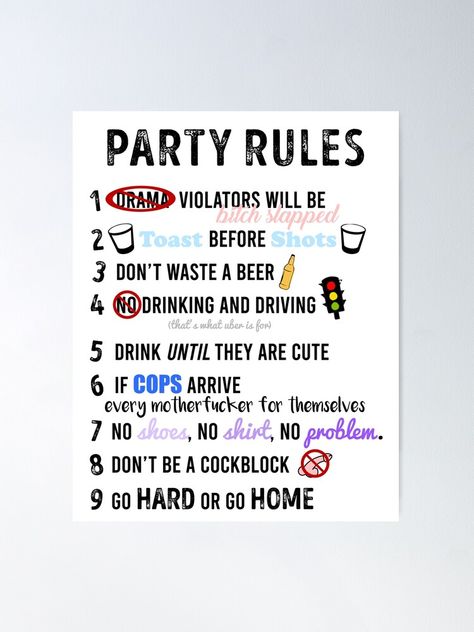 Party Rules Poster, House Party Rules, Birthday Questions, Party Rules, Rules Poster, Drinking Games For Parties, Party Playlist, Party Checklist, Question Game