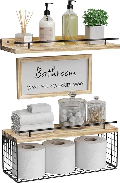 Beautiful, light-brown wood bathroom storage/decor! Wall Shelf With Baskets, Brown Bathroom Walls, Shelf With Baskets, Bathroom Wood Shelves, Bathroom Decor Signs, Shelves Over Toilet, Bathroom Shelves Over Toilet, Floating Shelves Bathroom, Bathroom Farmhouse Style