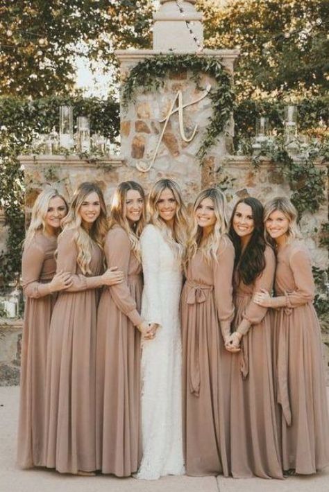 Cosy Chicks: Long Sleeve Bridesmaids Dresses We Adore - weddingsonline Long Sleeve Bridesmaid Dresses, Spring Wedding Bridesmaids, Brown Bridesmaid Dresses, Winter Bridesmaids, Long Sleeve Bridesmaid Dress, Fall Bridesmaids, Fall Bridesmaid Dresses, Simple Bridesmaid Dresses, Bridesmaid Dresses With Sleeves