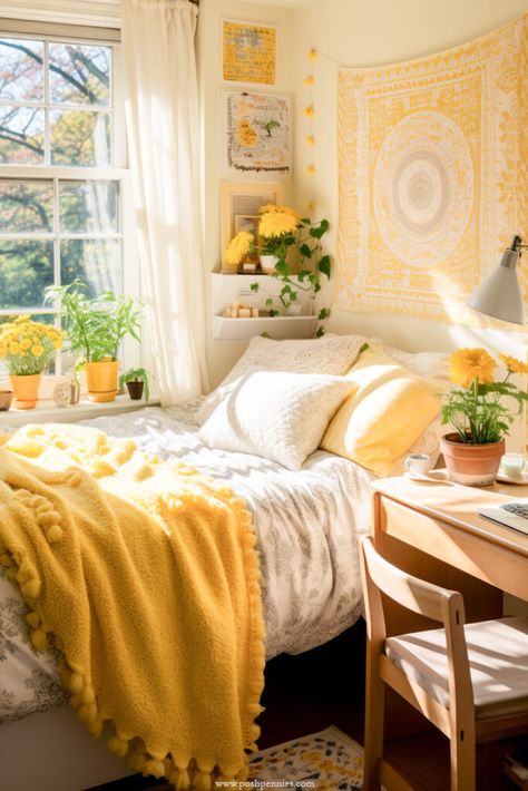 Brilliant And Affordable Boho Dorm Room Decor Ideas - Posh Pennies Yellow Room Decor, Boho Dorm Room, Yellow Bedroom Decor, Boho Dorm, Yellow Room, Dorm Room Inspiration, Yellow Bedroom, Bedroom Refresh, Room Makeover Bedroom