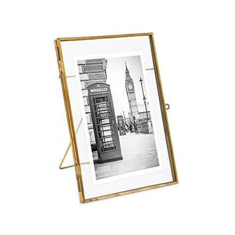 Amazon.com - Isaac Jacobs 5x7, Antique Gold, Vintage Style Brass and Glass, Metal Floating Picture Frame (Vertical) with Locket Closure, for Photos, Art, & More, Tabletop Display (5x7 Antique Gold) - Floating Picture Frames, Metal Easel, Floating Desk, Tabletop Display, Boho Farmhouse, Elegant Frame, Antique Inspiration, Table Top Display, Small Photos