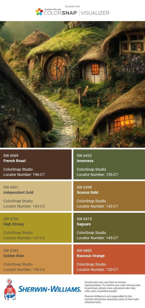 Forest House Color Palette, Cottagecore Paint Palette, The Hobbit Color Palette, Sherwin Williams Inverness, Fairy Garden Color Palette, Celtic Color Palette, Lord Of The Rings Color Palette, Hobbit Bathroom, Mushroom Color Palette