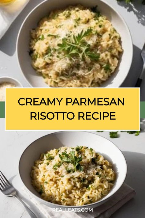 Two bowls of creamy Parmesan risotto garnished with herbs. Creamy Risotto Recipes Parmesan, Risotto For One, Recipes With Arborio Rice, Risotto Rice Recipes, Chicken And Arborio Rice Recipes, Pea Risotto Recipes, Rissoto Recipes Easy, Rosoto Recipes Dinners, Parmesan Risotto Recipes