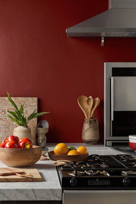 red kitchen decor, kitchen renovation ideas, cooking with red, bold kitchen design Rust Kitchen Walls, Red Kitchen Walls Paint, Maroon Kitchen Walls, Red Wall Kitchen, Red Backsplash Kitchen, Red Decor Ideas, Red Kitchen Appliances, Red Country Kitchens, Coastal Decor Kitchen