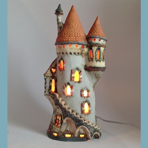 Pottery Fairy Houses Handmade, Clay Lanterns Ideas, Ceramic Castle, Clay Castle, Clay Buildings, Castle Ceramic, Garden Castle, Clay City, Clay Fairy House