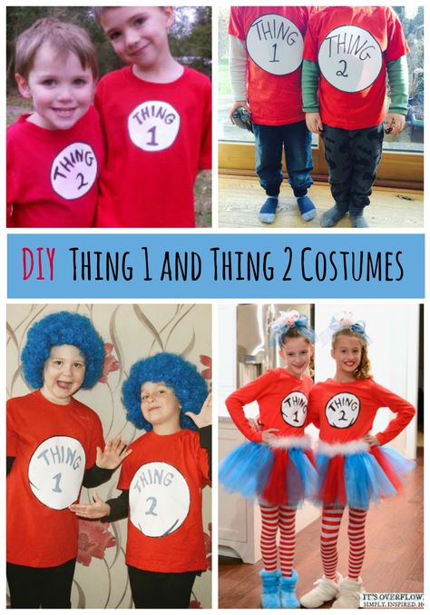 Need a quick costume for a pair of siblings or friends? Here are several Thing 1 and Thing 2 shirts, featuring the lovable duo from the Dr. Seuss classic The Cat in the Hat, they're the perfect choice! Thing 1 Costume Diy, Thing One Costume Diy, Thing One And Thing Two Costumes For Kids, Thing One Thing 2 Costumes, Thing One Thing Two Shirts, Thing 1 Hair Dr Seuss Diy, Diy Thing 1 And Thing 2 Shirts, Diy Thing 1 And Thing 2 Hair, Dr Seuss Halloween Costumes Families