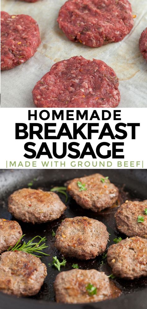 This recipe for ground beef breakfast sausage patties shows you how to turn ground beef into a delicious breakfast sausage using simple seasonings from your pantry. Take your breakfast to the next level by making your own healthy breakfast sausage with clean real food ingredients! Breakfast Ideas Ground Beef, Ground Beef Recipes Breakfast, Breakfast Ground Beef Recipes, Breakfast Ideas With Ground Beef, Breakfast Ground Beef, Ground Beef Breakfast Sausage, Sausage Patty Recipes, Beef Breakfast Recipes, Breakfast With Sausage Patties