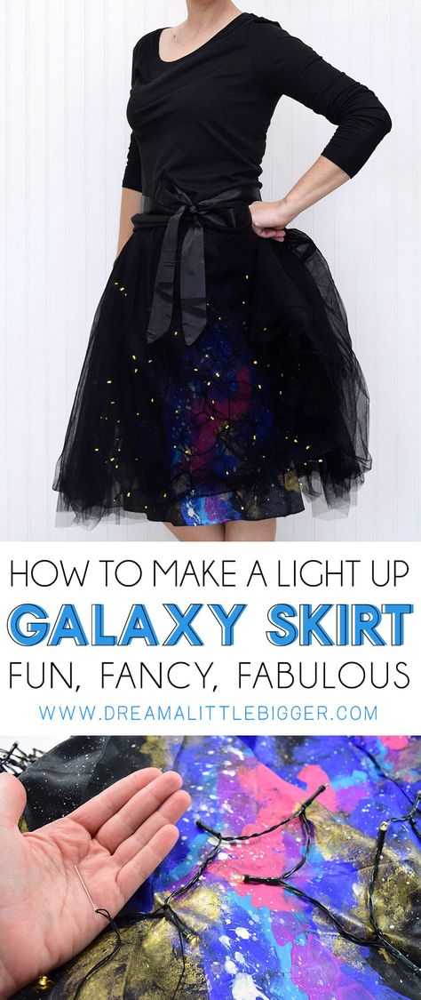 Add Christmas lights to a skirt! Too cool! And I'm loving this whole galaxy skirt idea. Great for a more low key Halloween costume for me! Out Of This World Theme Outfit Hoco, Black Hole Costume, Solar System Costume Women, Cosmic Costume Ideas, Milky Way Costume, Diy Star Costume, Galaxy Inspired Outfits, Space Costume Diy, Diy Space Costume