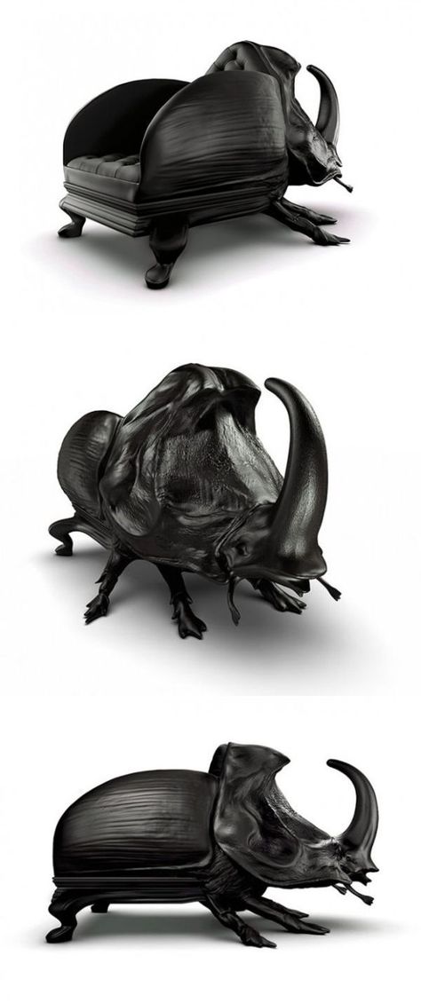 The chair deftly replicates the robust anatomy of a Rhinoceros Beetle specimen. Existing in real time, the head of this beetle kind does look like the horned visage of a rhinoceros. Insect Furniture, Bug Furniture, Rhinoceros Beetle, Beetle Chair, Unusual Furniture, Beetle Insect, The Beetle, Au Ideas, Goth Home