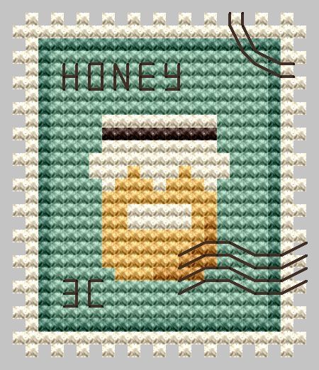 Honey Postage Stamp cross stitch chart designed by Kate Spiridonova.  ATTENTION! Fabric and threads are not included! Cross stitch charts are intended for personal use only and can't be distributed any way. Cross Stitch Stamp, Cross Stitch Mini Patterns, Small Cross Stitch Patterns Free, Mini Cross Stitch Patterns Free, Stamp Cross Stitch, Dibujos Ideas, Everything Cross Stitch, Artsy Girl, Stitch Patch