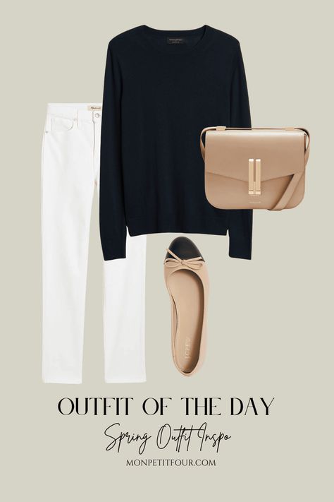 5 Easy Spring Outfits to Wear on Repeat - Mon Petit Four® Relaxed Sophisticated Style, White Pant Work Outfit, Navy Pants Outfit Work Fall, Black And White Summer Outfits, Navy Blue Outfit Ideas, Classic Fall Outfits, Chanel Style Outfits, Easy Spring Outfits, Wardrobe Basics For Women